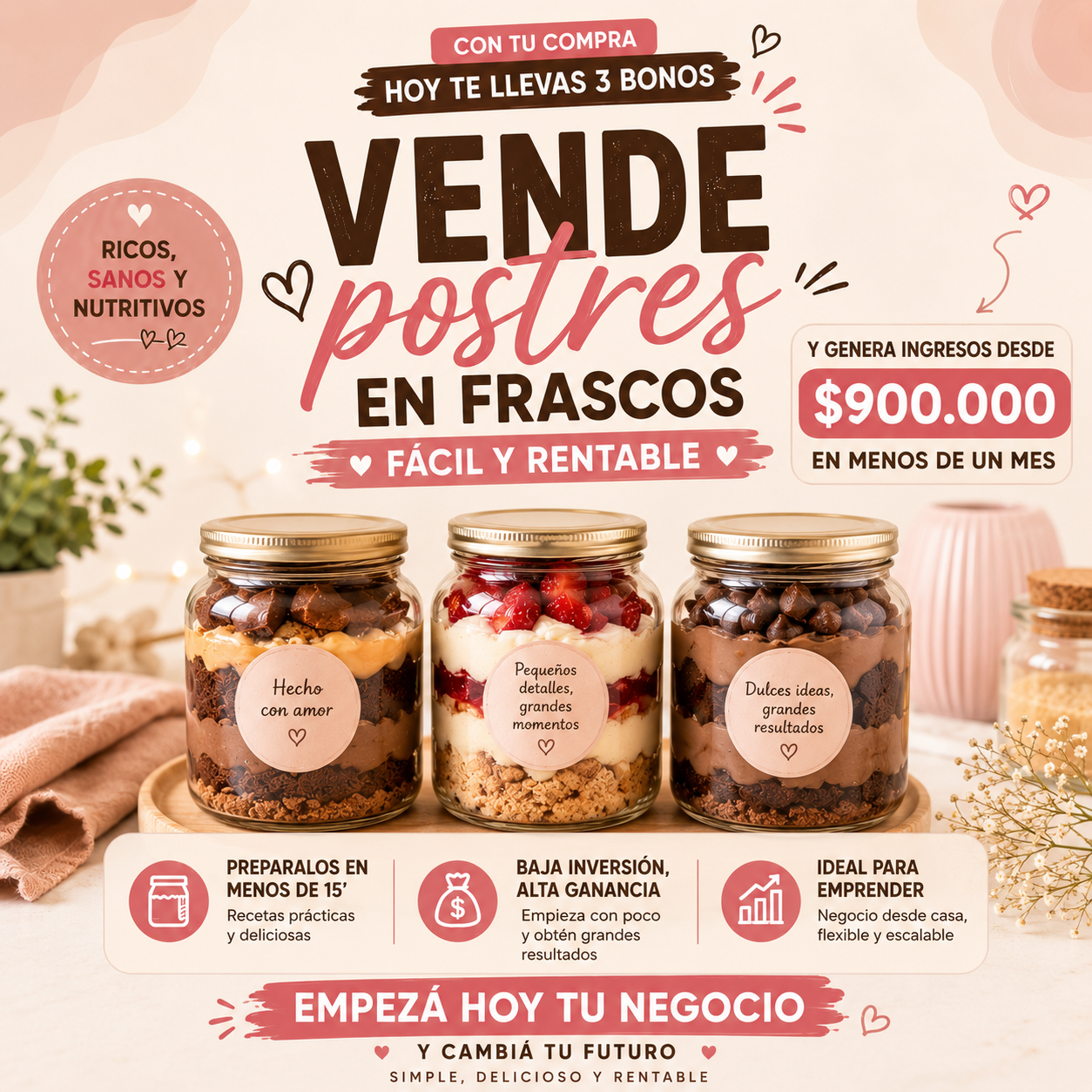 Emprende con postres en frascos + 3 bonos: gana +$900.000 al mes